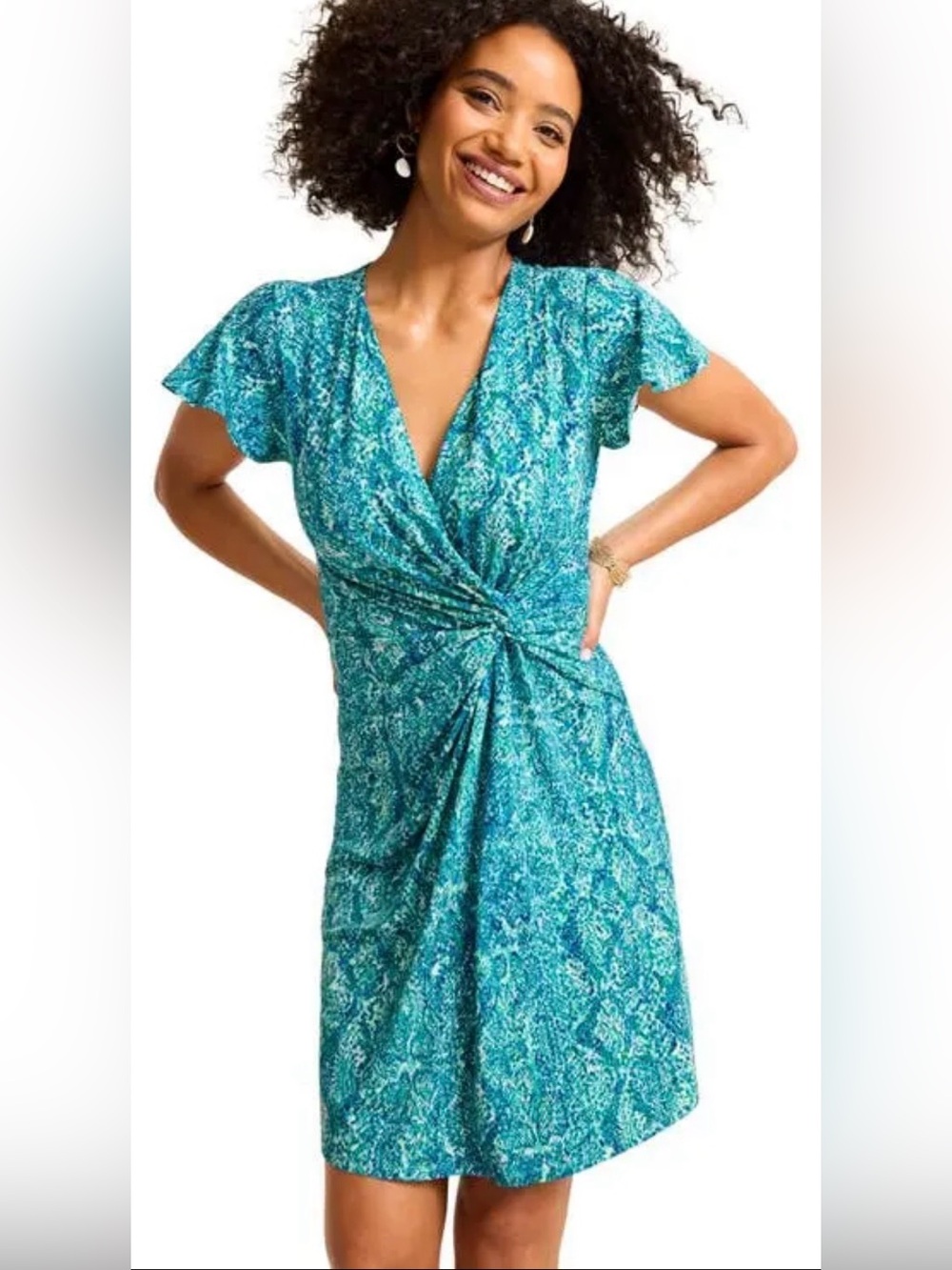 Tommy Bahama Clara Playa Python Short-Sleeve Faux-Wrap Dress in Atlantis Teal. S